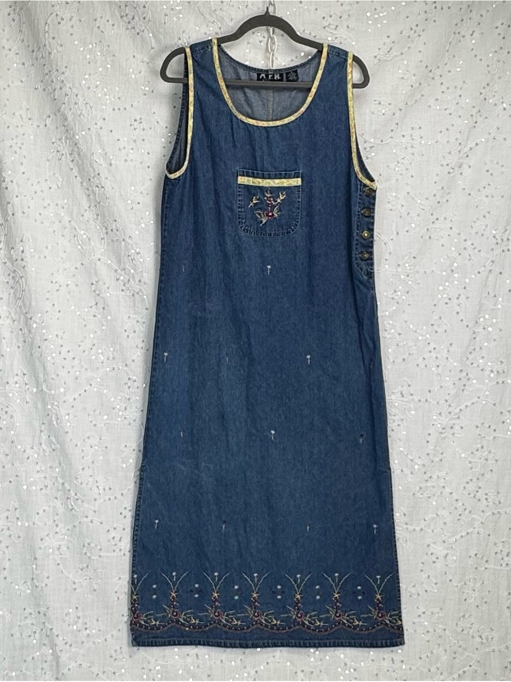 Vintage MPH Blues Embroidered Denim Maxi Jumper Dress Size Medium